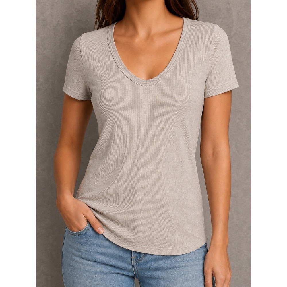 Perfectwhitetee Avril U Ribbed T Shirt Womens Medium Beige Scoop Neck Fitted